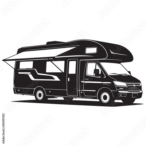 Black silhouette of a motorhome with awning on white. Vector black silhouette. with white background
