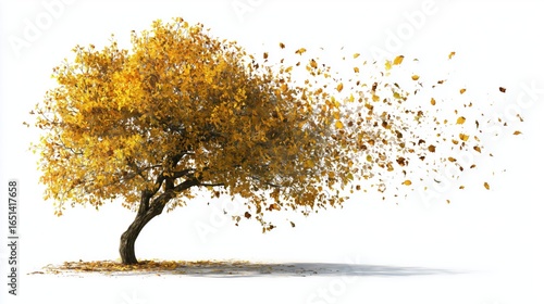 Tree with falling in mid air autumn leaves, isolated on white background
