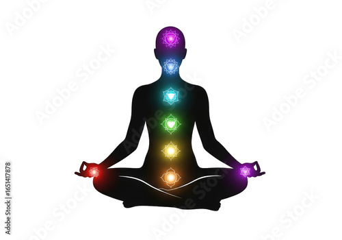 Silhouette of a person meditating in lotus pose with colorful chakras glowing along the spine, isolated on transparent background