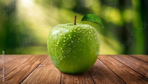 green apple with water droplets on wooden table for national nutrition month