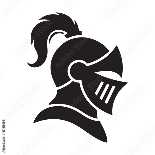 Medieval knight helmet profile silhouette icon. Vector black silhouette. with white background
