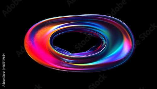 Abstract iridescent swirling torus shape with vibrant rainbow colors on black background