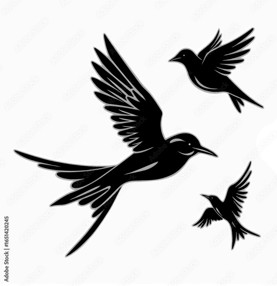 Fototapeta premium Minimalist flying bird tattoo set isolated silhouette PNG