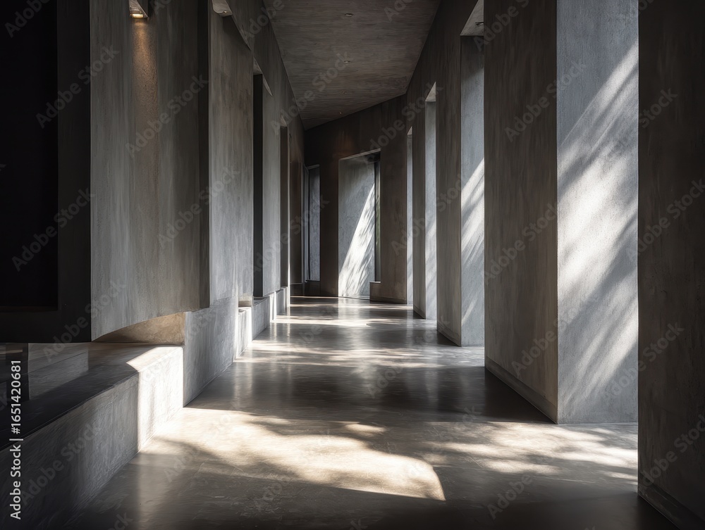 Fototapeta premium Sleek Minimalist Hall: Cement Pillars and Soft Natural Light Shadows