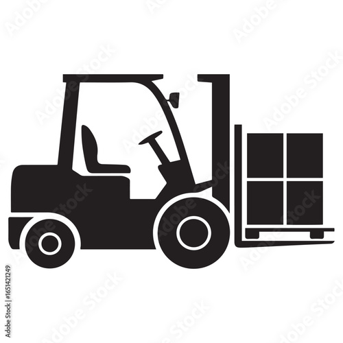 Black Forklift Truck With Cargo Box Vector Illustration Graphic Icon. Vector black silhouette. with white background
