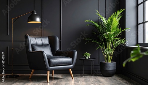 Dark Room with Black Armchair, and Plant.