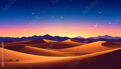 Desert Sunset with Starry Night, and Dunes.