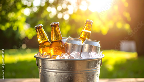 Close Up Of Beer Bottles And Cans In Ice Bucket With Sunlight And Green Background