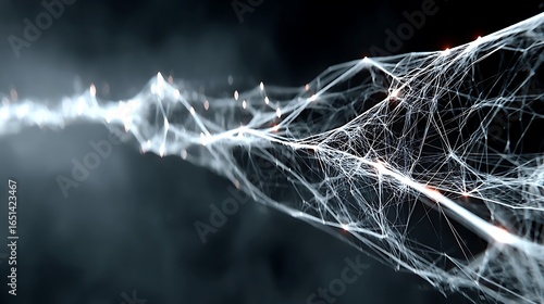 a web of white lines stretches across a blurred background, resembling a three dimensional network. the lines intersect at various points, some of which emit a soft, orange glow