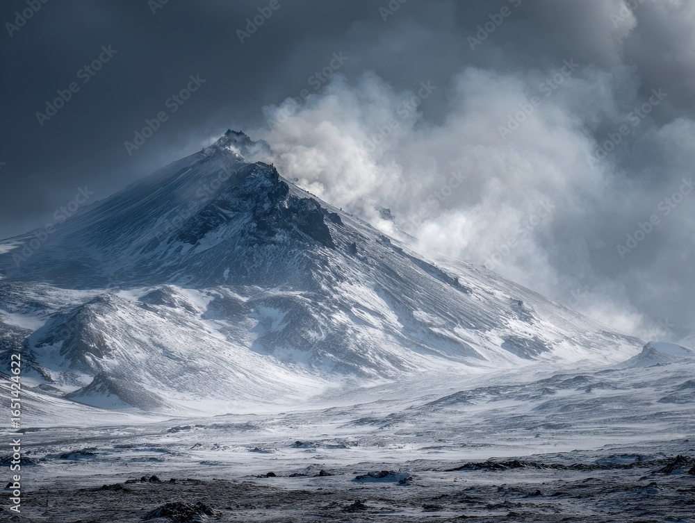 Fototapeta premium Stark Icelandic Volcano with Swirling Smoke Against Pristine Glacial Ice and Rugged Lava Fields