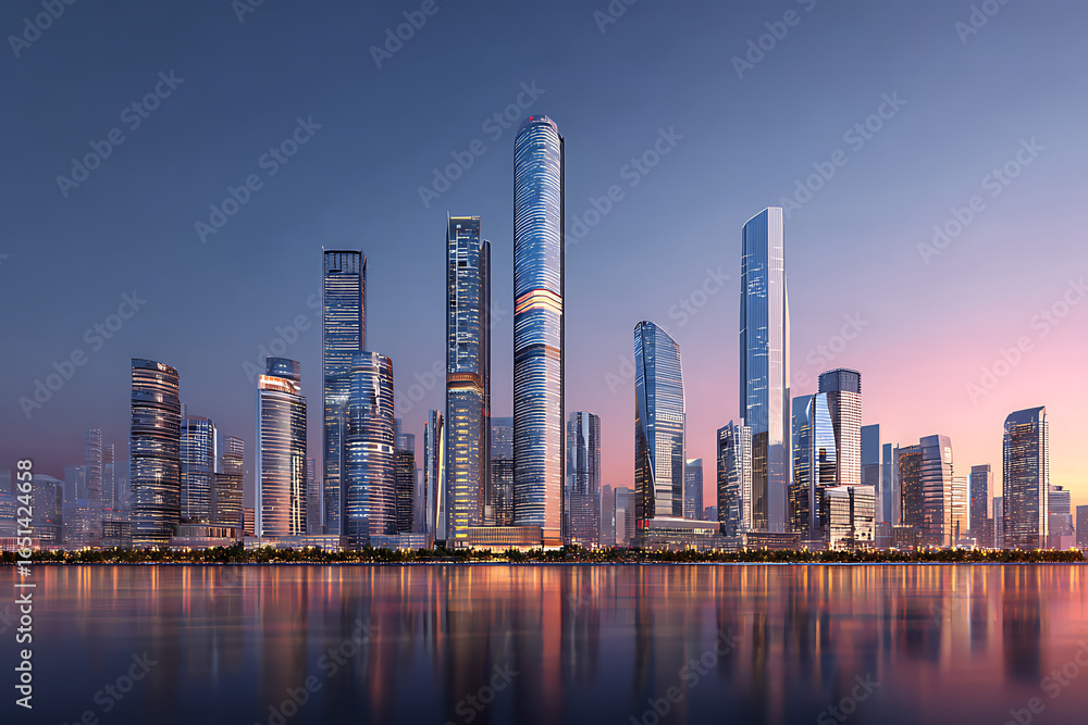 Fototapeta premium Stunning modern city skyline at dusk reflecting in calm water, vibrant colors and elegant architecture