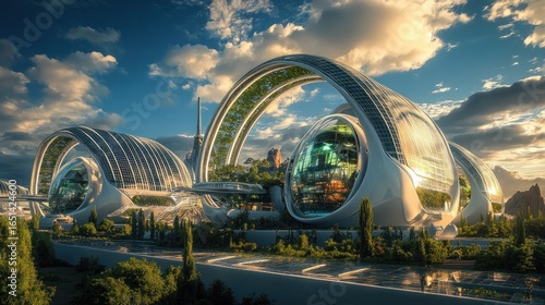 A futuristic agricultural spaceport city on Mars powered by solar energy, showcasing advanced technology and sustainable living