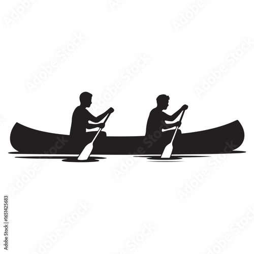 Two people paddling canoe black white. Vector black silhouette. with white background
