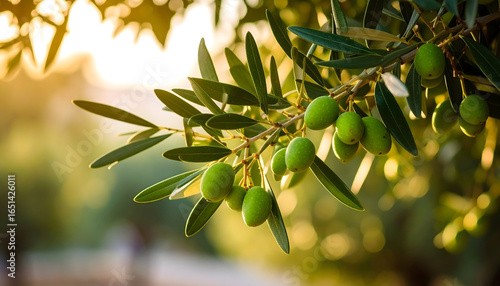 Close Up Olive Branch with Green Olives in Warm Sunlight and Blurred Background