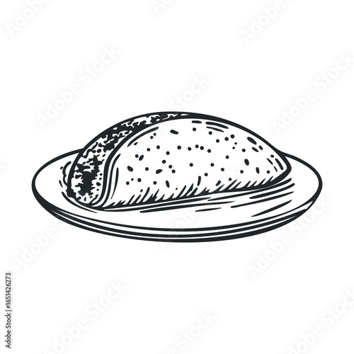 Hand-drawn taco illustration on a plate: line art of mexican cuisine