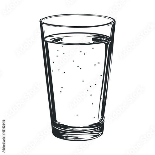 Detailed black and white drawing of a tall glass of sparkling water