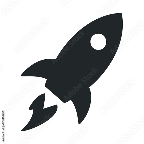 Simple black rocket icon on white background for technology theme