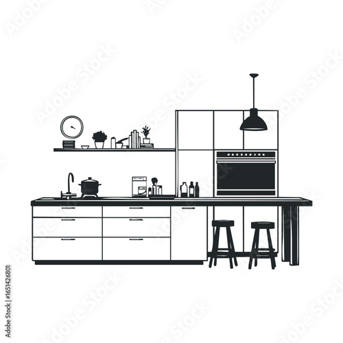 Modern minimalist kitchen with sleek cabinets and open shelving design