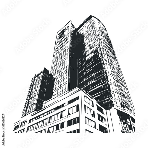 Modern urban skyscraper with glass facade in black and white illustration