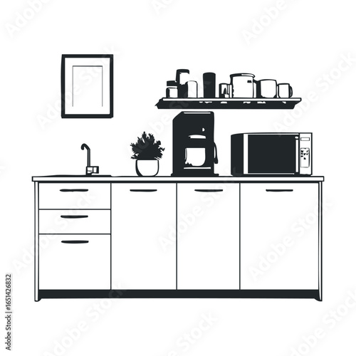 Minimalist kitchen counter with microwave, coffee maker, and shelves