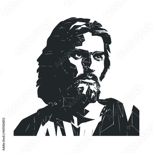 Geometric portrait of caucasian male with beard and long hair in monochrome style