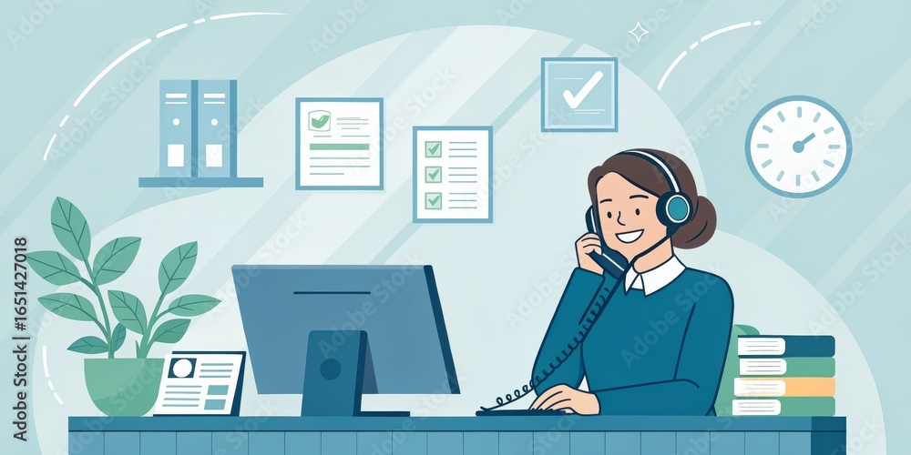 Happy Customer Service Agent on Phone Call, Illustration, Flat Design, Office, Support, Customer Service Customer Support, Help Desk Happy Customer Service Agent on Phone Call, Illustration, Flat Design, Office, Support, Customer Service Customer Support, Help Desk