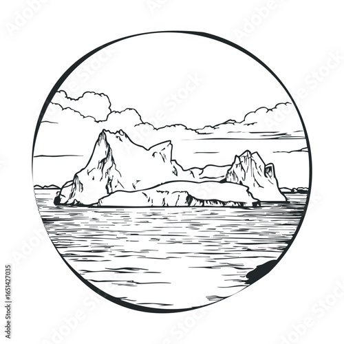 Monochrome iceberg sketch in circular frame with ocean and clouds