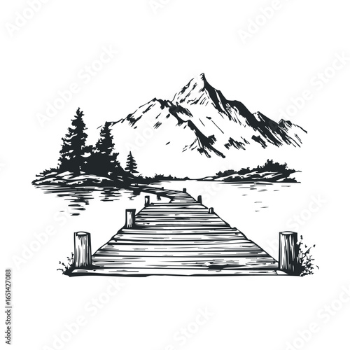 Scenic mountain view with lake and wooden pier in black and white