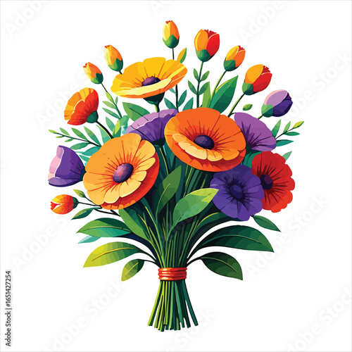 Vibrant Floral  Flower Bouquet: Orange, Purple, and Yellow Flowers in a Modern, Flat-Lay Style.