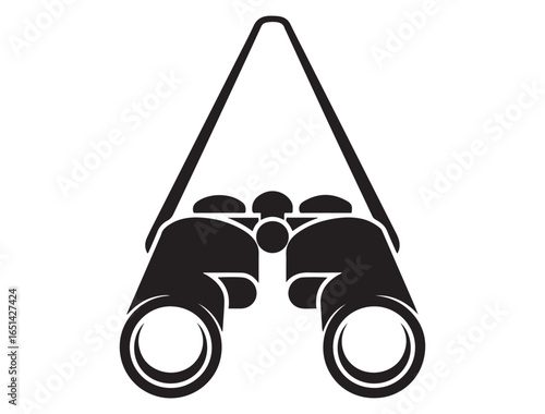 Black binoculars hanging on white strap. Vector black silhouette. with white background
