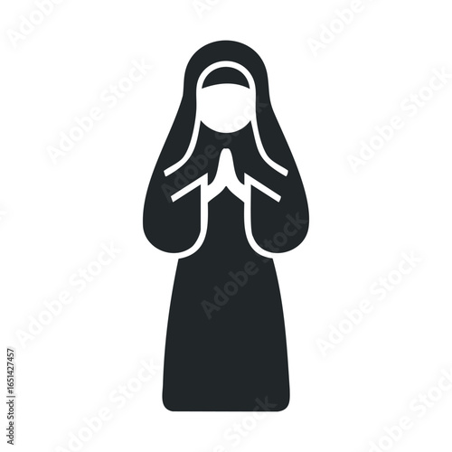 Silhouette of praying nun in habit: simple religious icon on white background