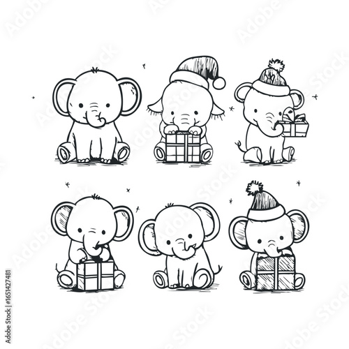 Cute baby elephants with christmas hats and gifts in adorable cartoon style