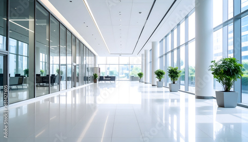 Modern Interior Office Building Hallway Featuring White Walls Glass Windows and Decorative Potted Plants