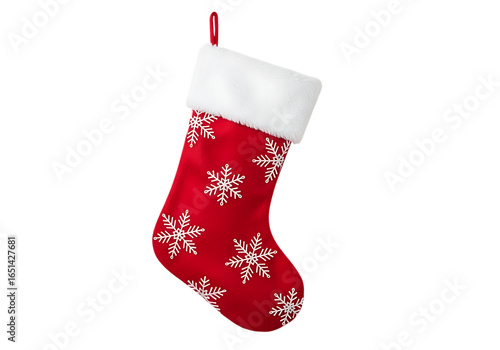 Red christmas stocking with snowflakes isolated on transparent background
