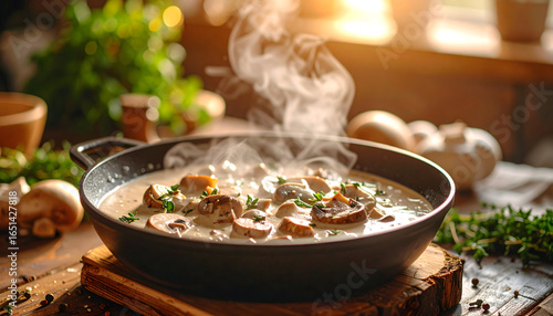 Steaming Creamy Mushroom Soup In A Black Pan On Wooden Table With Natural Light