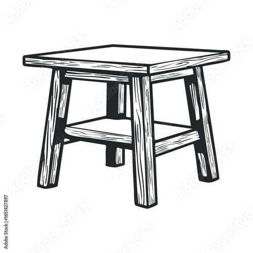 Sketch of wooden stool with rustic design and square top