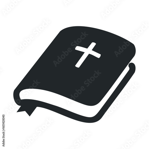 Black and white icon of closed bible with cross on cover