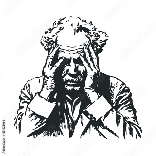 Elderly caucasian male in stressful pose with hands on head