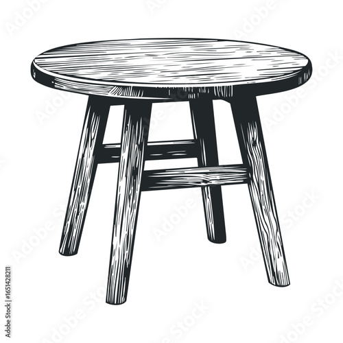 Hand-drawn wooden stool illustration with round seat and sturdy legs