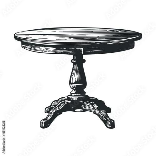 Vintage wooden round table engraving with ornate pedestal design