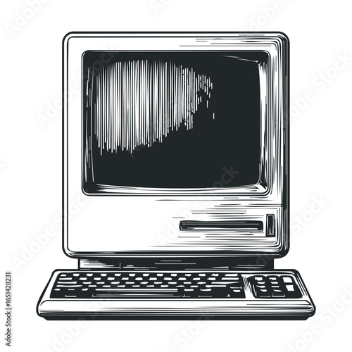 Retro vintage computer illustration with keyboard and crt monitor