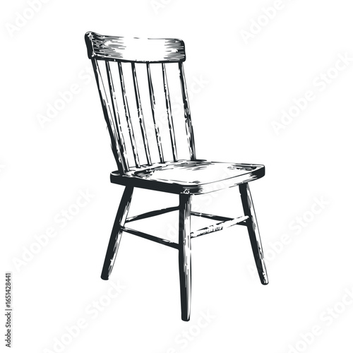 Vintage wooden chair illustration with spindle back and rustic design