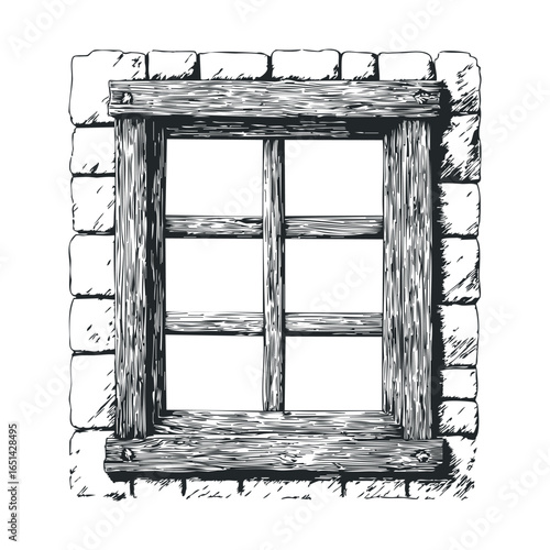 Rustic stone wall with vintage wooden window frame illustrative design