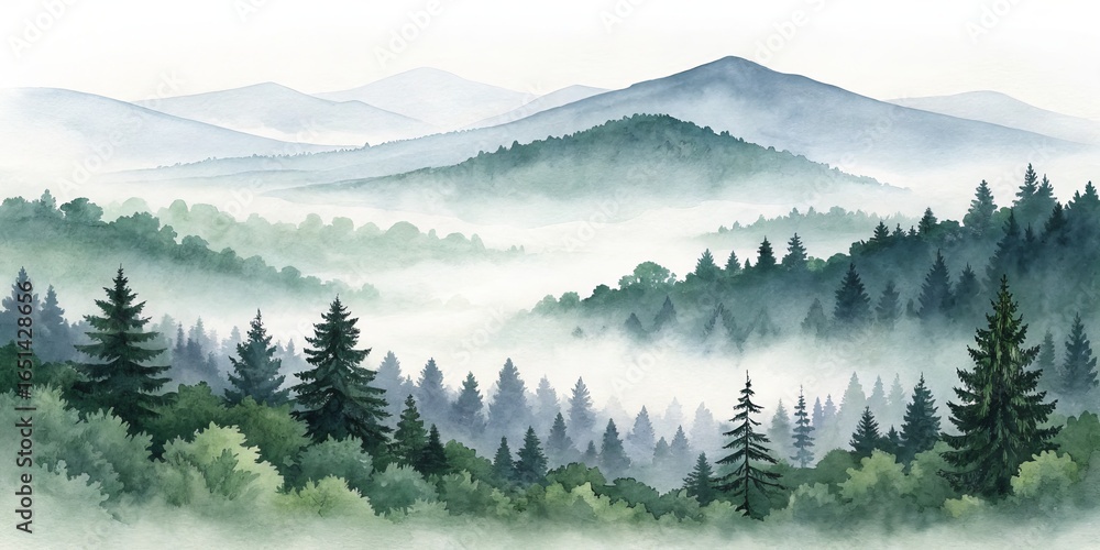 Obraz premium Misty Mountain Watercolor Landscape Coniferous Forest, Foggy Peaks, Green Hues, Watercolor Painting Watercolor painting, landscape art, foggy mountains