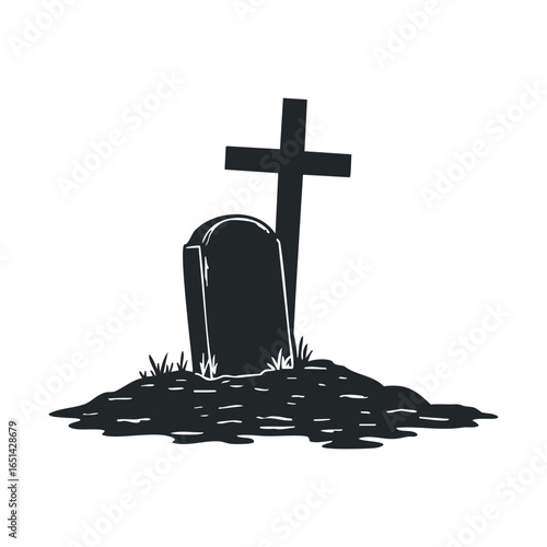 Minimalist black grave with cross on white background: symbol of mourning and remembrance