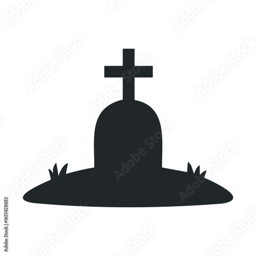 Grave silhouette with cross on hill: simple memorial icon in black and white