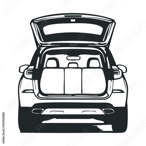Black and white illustration of an open suv trunk