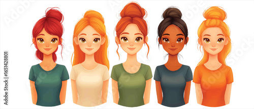 Diverse group of young women with different hair colors and styles, showcasing friendship and individuality in a contemporary setting