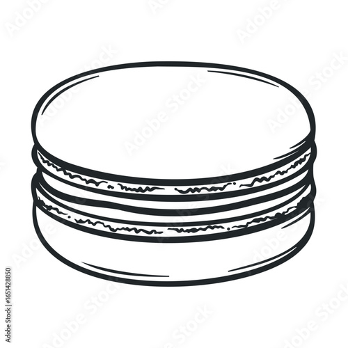Black and white illustration of a classic macaron with distinct outline art