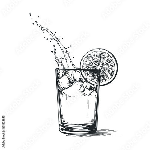 Refreshing splash of citrus water with ice cubes in a glass - black and white sketch